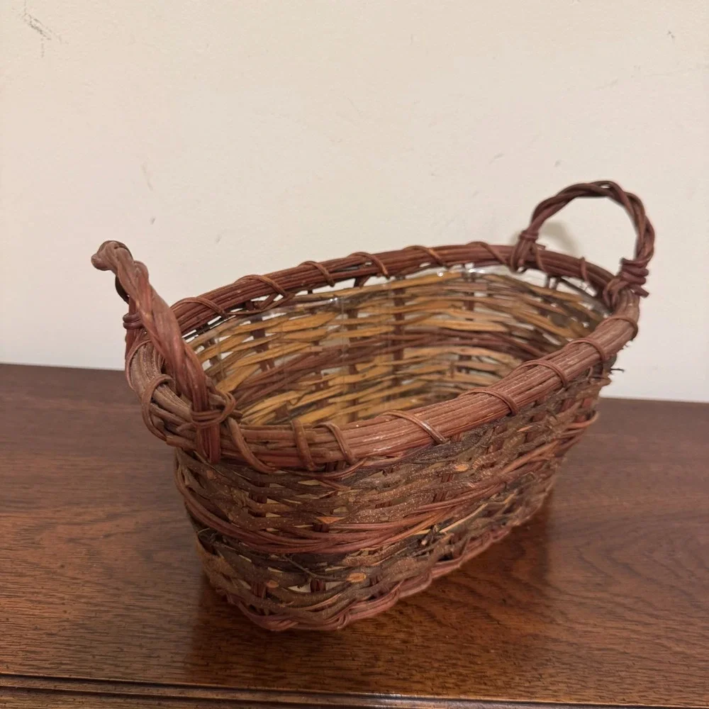 Vintage Rustic Handwoven Twig Vine Oval Basket Planter Plastic Liner Handles